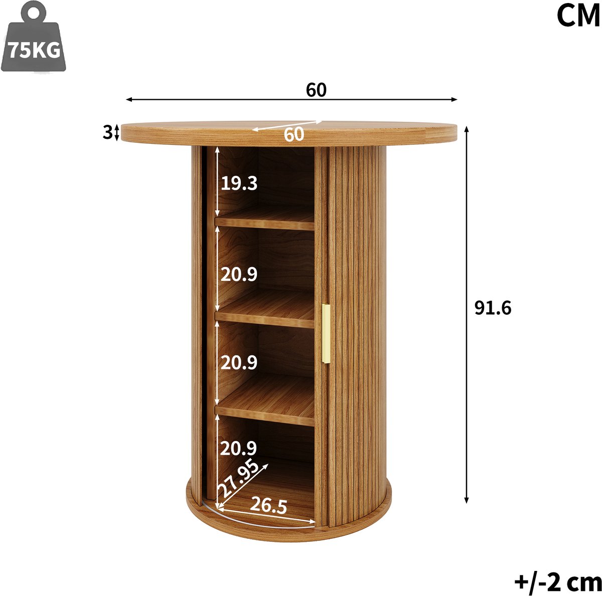 FloraGrace Bartafel - Ronde Statafel Met Opbergkast En Schuifdeur - Voor Woonkamer En Barruimte - MDF En Metaal - 60x60x91,6 Cm Walnoot