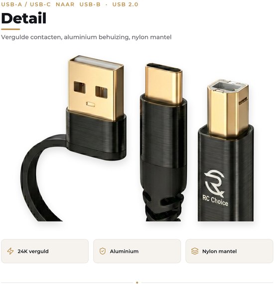 Detail: Gouden 24K contacten, aluminium behuizing, gevlochten nylon mantel. Zwarte kabel met USB-A, USB-C en USB-B connectoren.