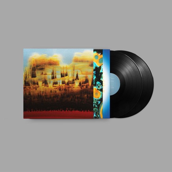 Dubbelvinyl met hoes waarop een abstracte, oranje en blauwe landschapsschildering staat.