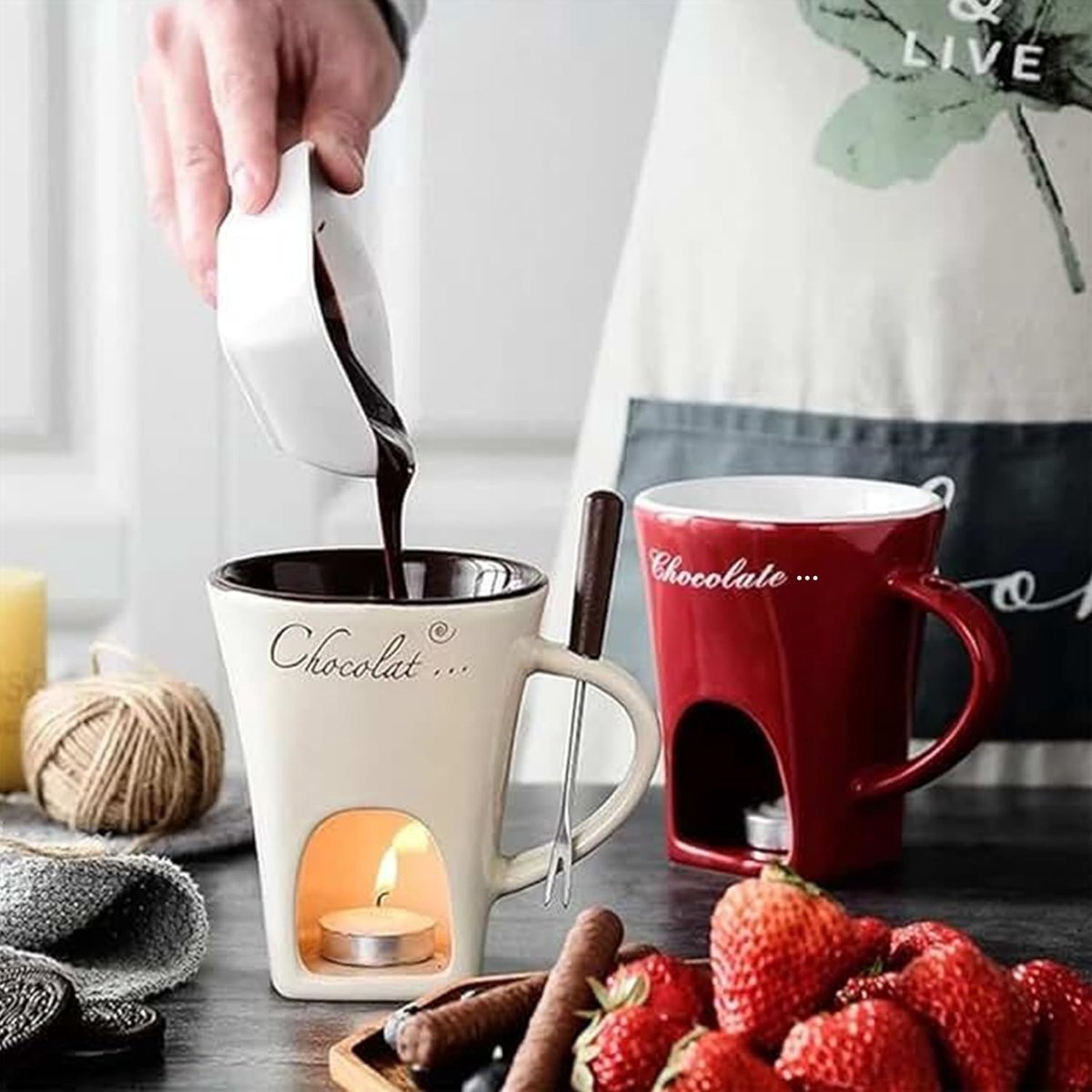 Chocolade Fondue Mok Set - Mini Chocoladefondue met Vorkjes - Chocolade Smeltbeker Zonder Waxinelichtjes - Wit - Cadeau voor Date Night, Verjaardag en Bruiloft — cadeau in Kookcadeaus - foto 4