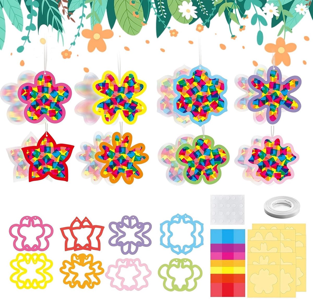 Knutselset voor kinderen, 16 stuks, bloemen, vensterafbeeldingen, doe-het-zelf, lentedecoratie, knutselset voor thuis, papieren knutselset om zelf te knutselen, raamdecoratie, 4 kleuren