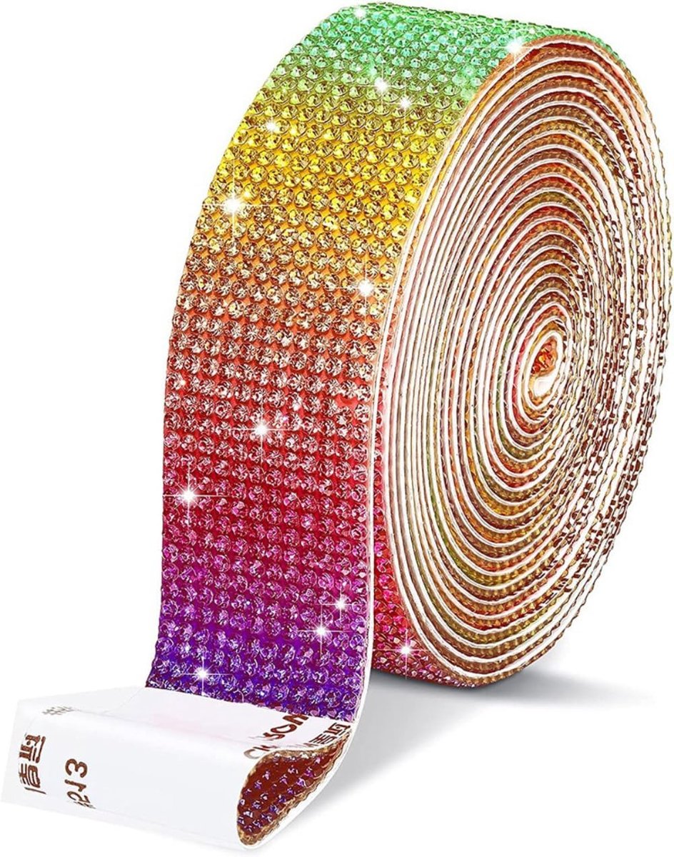 Strasband zelfklevend, kristallen strassband, 1 yard glittersteentjes, zelfklevend, bling stickers voor handwerk, telefoon, bruiloft, feest, decoratie, regenboog2 rijen (breedte 0,45 cm)