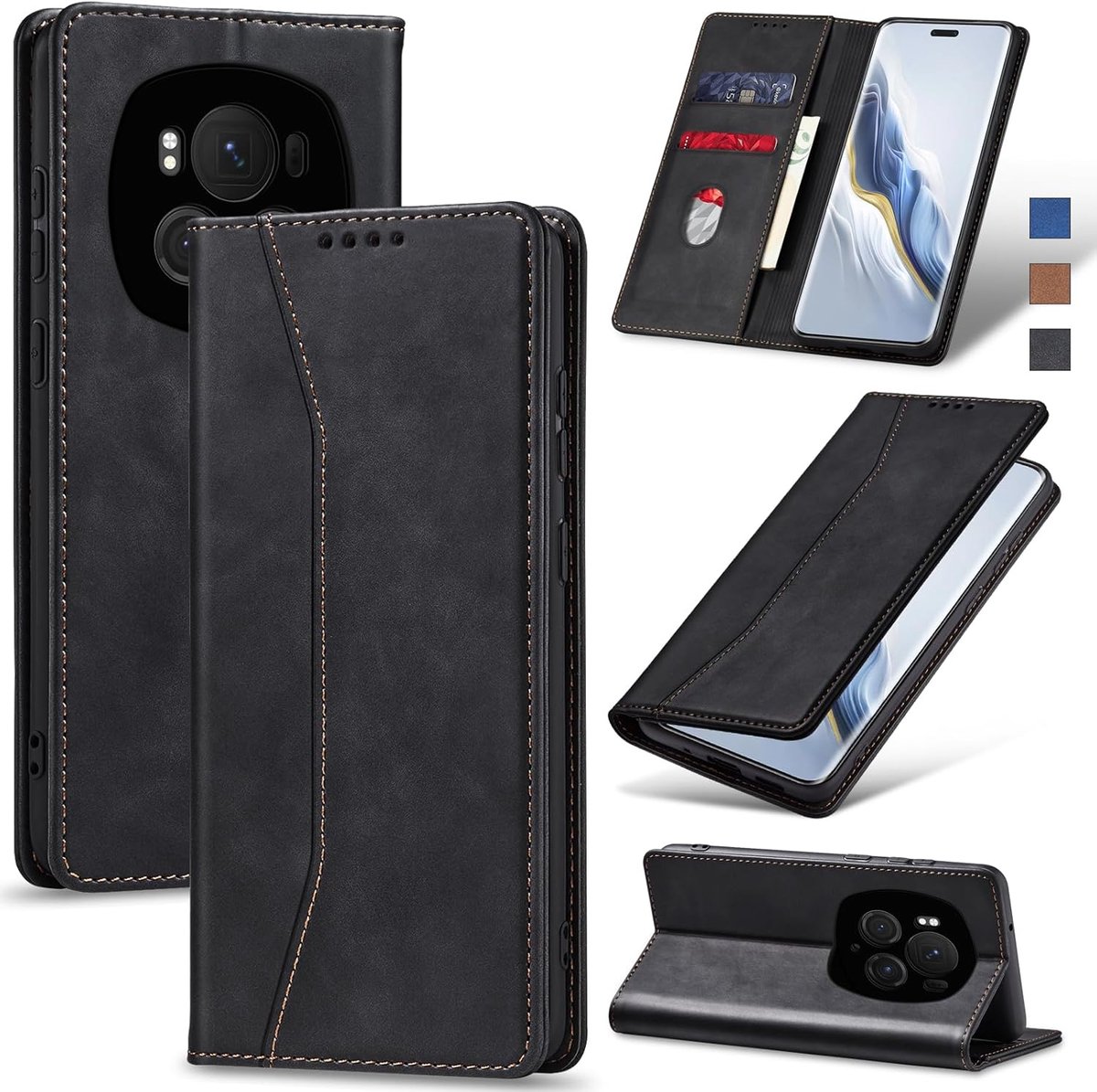 Hoesje voor Honor Magic 6 Pro Hoes Book case, Premium Lederen Flip Wallet Telefoon Case [Kickstand]Hoogwaardige cover mobiele telefoon case geval beschermhoes (Zwart) | Flip boek, kaartsleuf, magnetisch, standfunctie, schokbestendige TPU-hoes