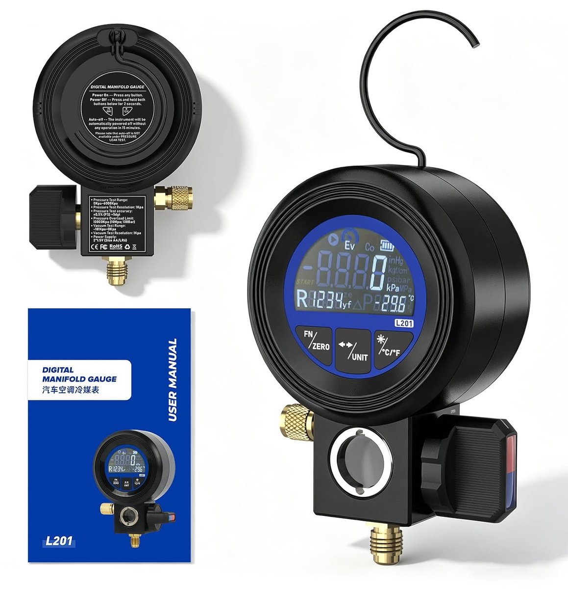 Manometer voor airconditioning, meet druk, vacuüm en lekken, koelmiddelvulling, compatibel met 24 soorten koelmiddelen R32 R1234yf R134a, ±0,5% FS nauwkeurigheid, digitaal vacuümmeter