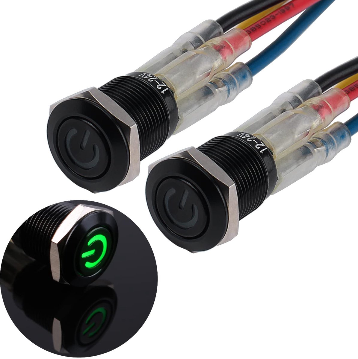 Waterdichte drukschakelaar, 2 × 12 mm, 12 V tot 24 V, 2 A, IP66 knop met LED-verlichting, zwarte metalen behuizing, momentane drukknop met verbindingsdraden voor auto, doe-het-zelf