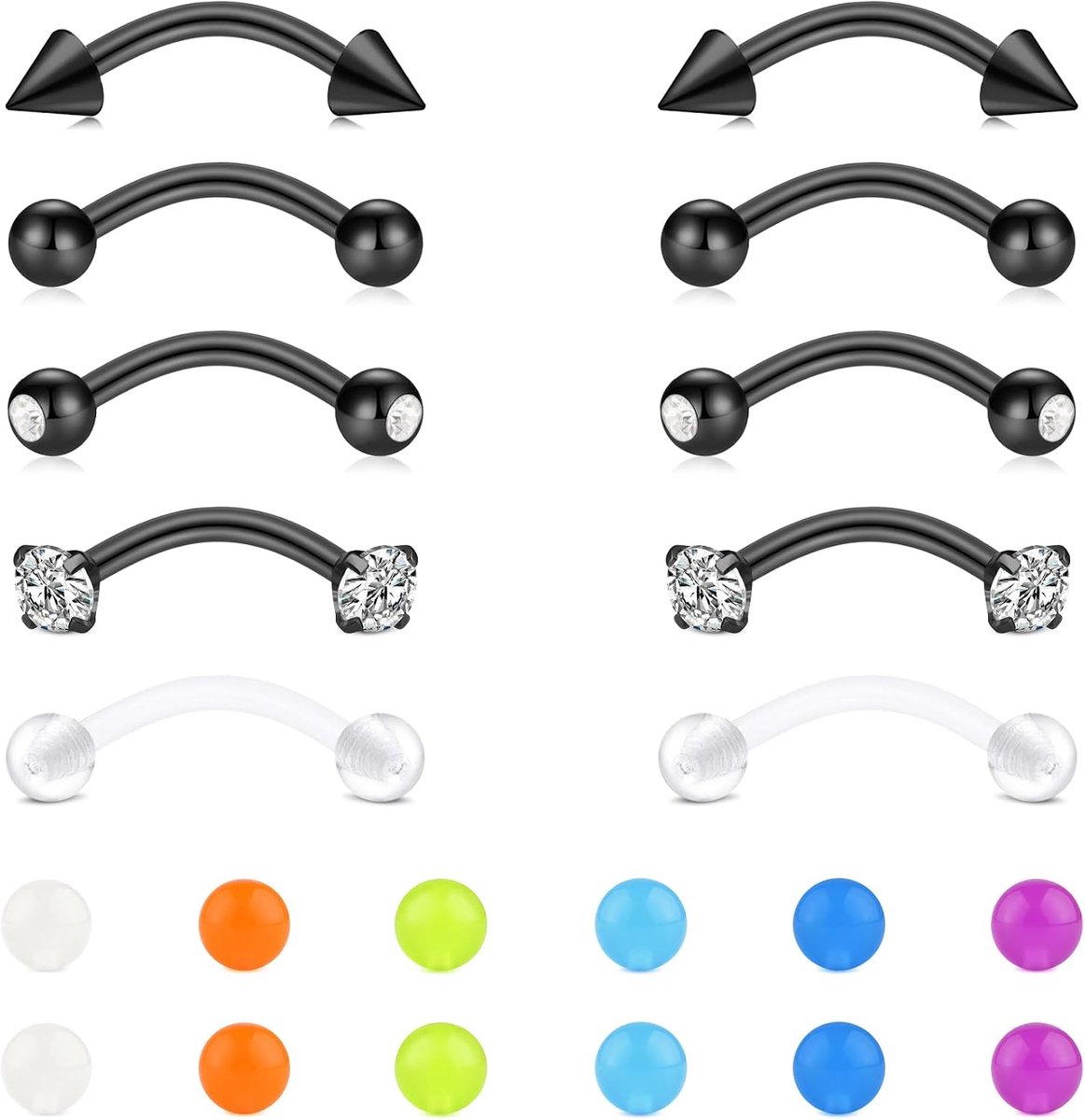 5 paar gebogen barbell wenkbrauw piercing sieraden voor vrouwen mannen, 16G 10mm Labret Lip Bars Daith Helix Rook Studs, roestvrij staal Body Piercing met vervangende ballen, goud/zilver/zwart