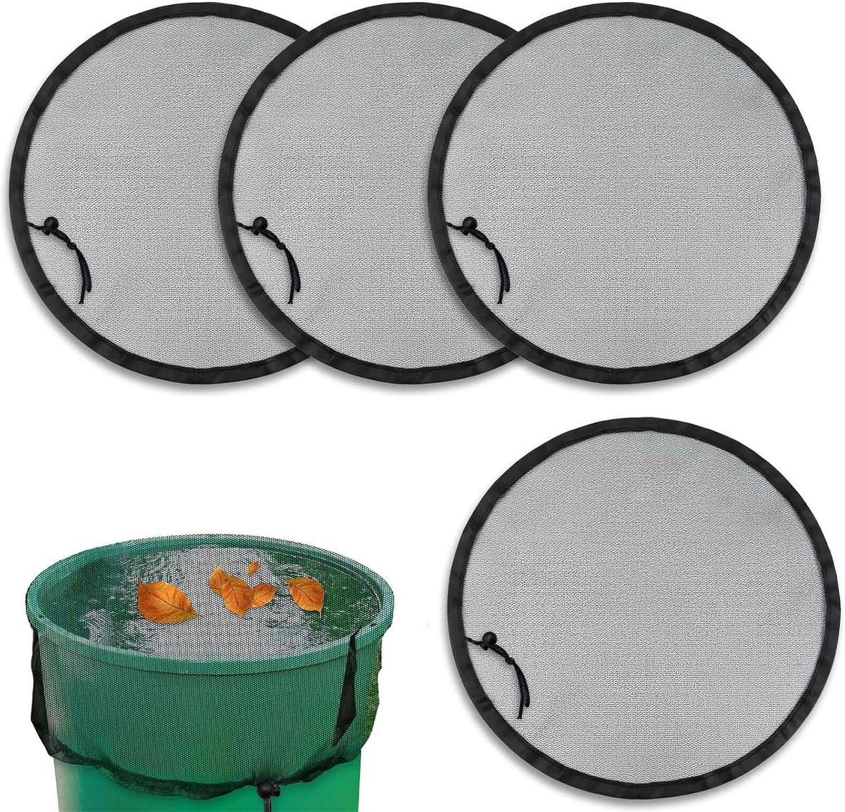 4 stuks 99,3 inch regenton mesh hoes met verstelbaar trekkoord, regenton schermfilter, watertank beschermingsnet voor het voorkomen van bladeren emmer opslag collectie buiten tuin (4)