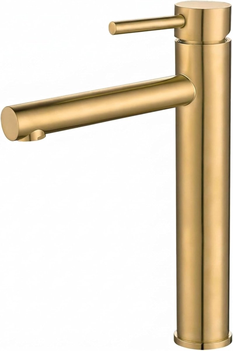 Kraan, eengreepsmengkraan, koud- en warmwatermengkraan, waterbesparend, eenvoudige en snelle installatie, messing, roestvrij, elegant, serie Palancia (hoge punt, geborsteld goud)