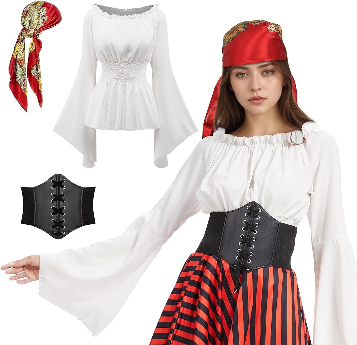 Piratenkostuum voor dames, middeleeuwen, piratenhoofddoek, sjerp, piratenkostuum, set voor carnaval, cosplay