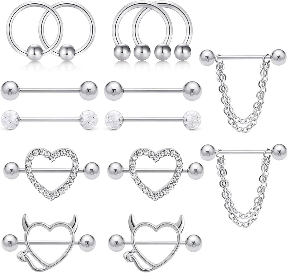 7 paar 14G roestvrijstalen tepelstangen, tepelringen, hart CZ hoefijzer Barbell, 16-18 mm, 14G, Roestvrij staal, Geen edelsteen