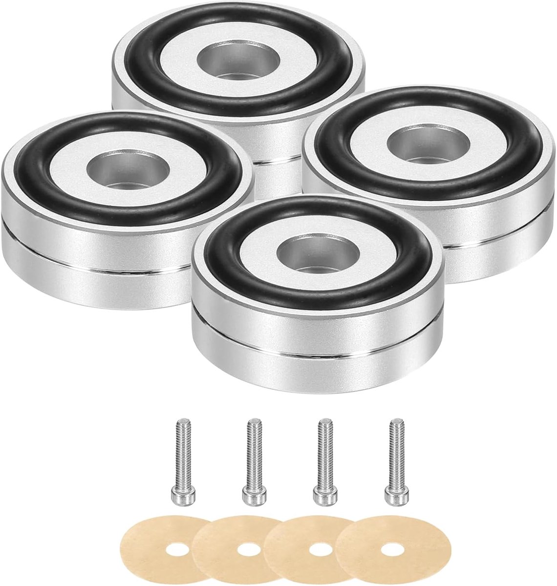 4 stuks luidsprekervoetjes, trillingsdemper, 40 mm x 15 mm, aluminium, schokdemper, isolatievoeten met M4-schroeven, voor hifi-kasten, versterker, subwoofer, platenspeler, zilver