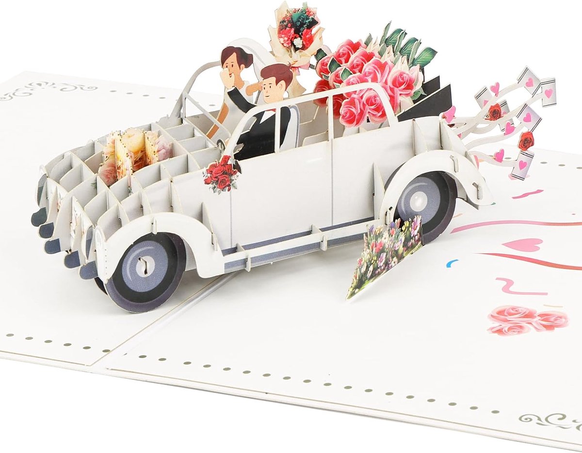 Pop-upkaart bruiloftsauto,Bruiloftskaart,3D Pop-Up Trouwkaart met Envelop,Trouwauto met Bruid en Bruidegom voor Bruid en Bruidegom, Jubileum, Koppels, Huwelijk - wit