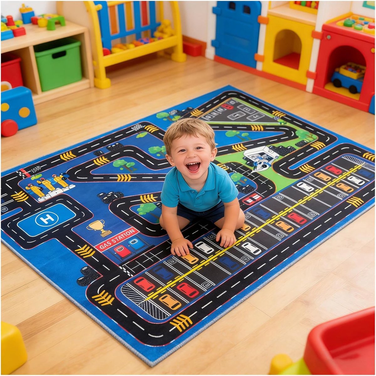Kinderkamer tapijt met straten voor jongens en meisjes die graag met auto's spelen en rollenspelen, wasbare antislip speelmat straat (blauw, 100 x 150 cm)