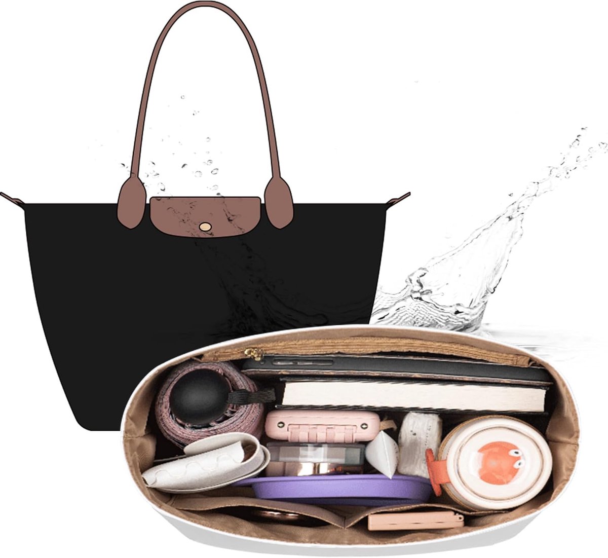 Organizer voor Longchamp L, Tas organizer voor Longchamp L, Tas organizer shopper voor Longchamp Le pliage L, Multifunctionele Dupont papieren handtas organizer met bekerhouder, Wit