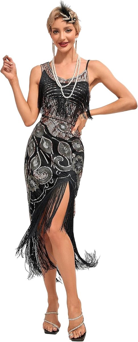 Jaren 20 flapper jurk voor dames, jurk met franjes, pailletten, glinsterende dansjurk, festivalkostuum