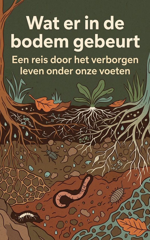 Illustratie van een bodemprofiel met wortels, bladeren, een worm, pissebed en kever.