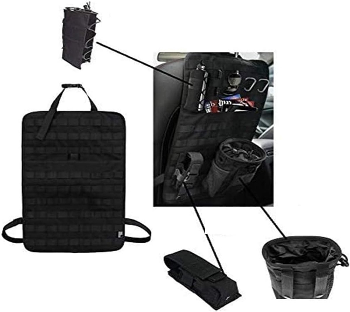 Molle-organizer voor autostoel, met fles/zaklamp/gerecycled zakje, airsoft paintball, tijdelijke gewapende depot, universele beschermhoes voor de zitting