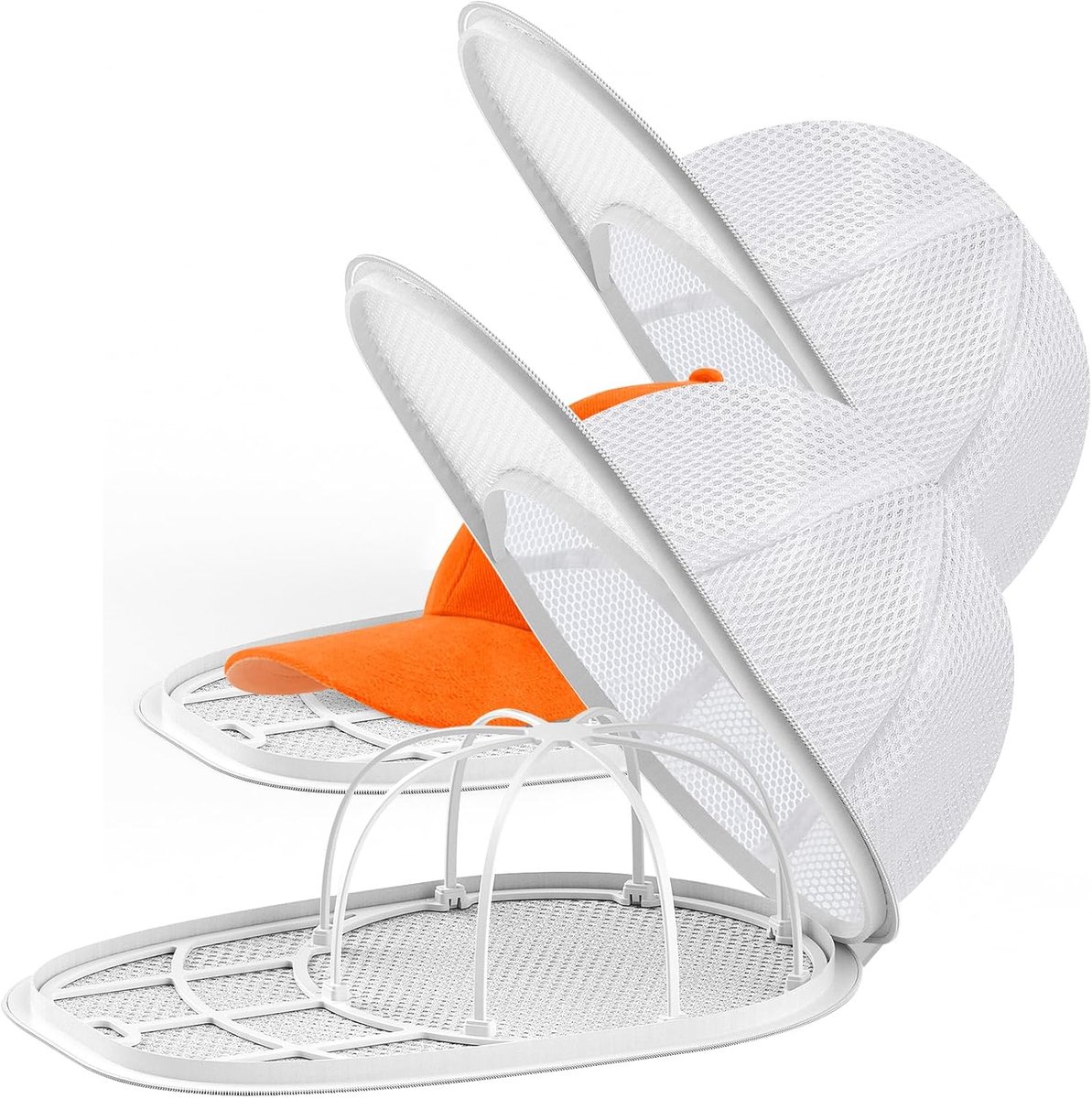 Hoedwasmachine voor wasmachine, hoedenreiniger voor honkbalpetten met framekooi en gaastas (2 stuks wit)