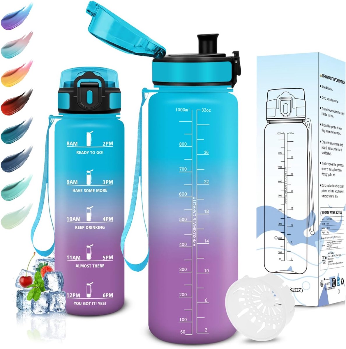 Drinkfles, 1 Liter, BPA-Vrij, Sportfles, Lekvrij, Motiverende Waterfles Met Filter, Sportfles, Waterfles Voor School, Fitnessstudio, Kantoor, hardlopen, Yoga, Gym, Blauwpaars