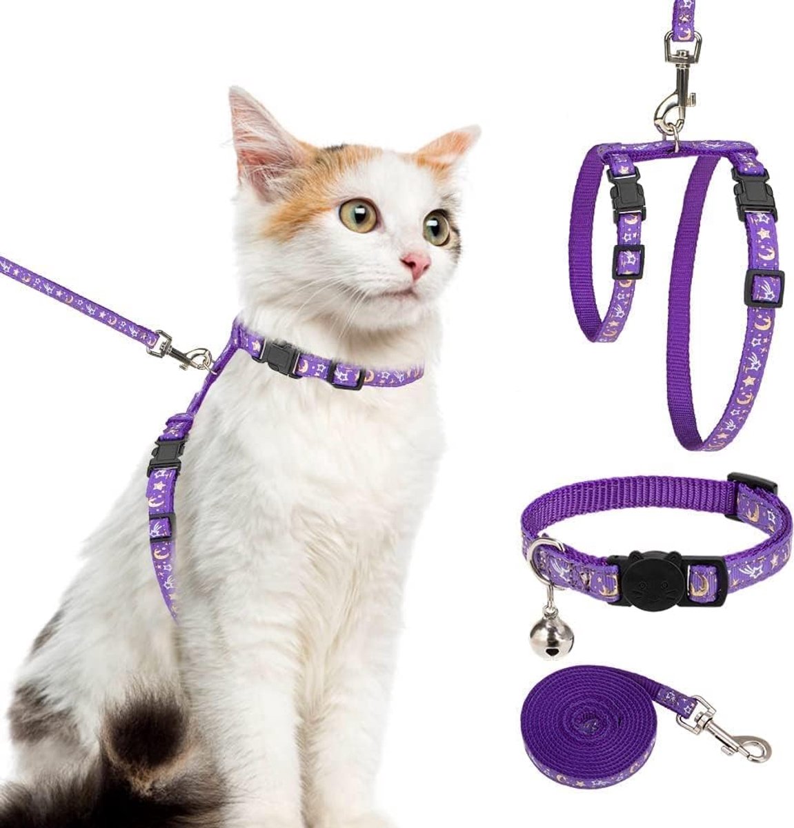 Kattenharnas met riem en halsband, set - ontsnappingsbestendig, verstelbaar kattenharnas, glow in the dark voor kitty outdoor wandelen