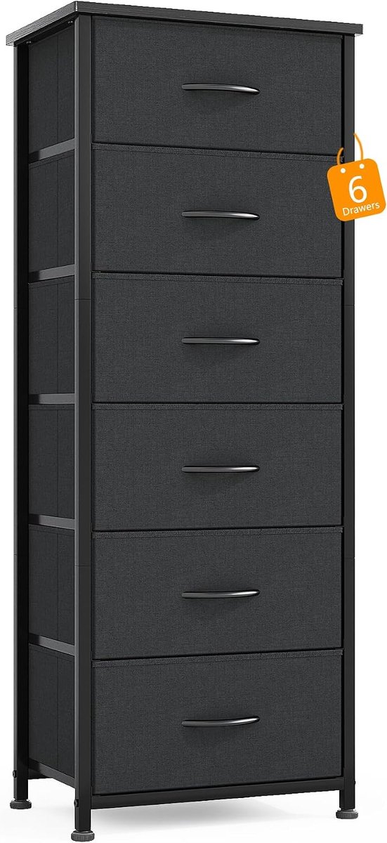 Ladekast smal, ladekast, opbergkast met 6 schuifladen van stof, hoog en smal houten top, comodetekast, dressoir, meubels voor slaapkamer, woonkamer, hal, kinderkamer, zwart