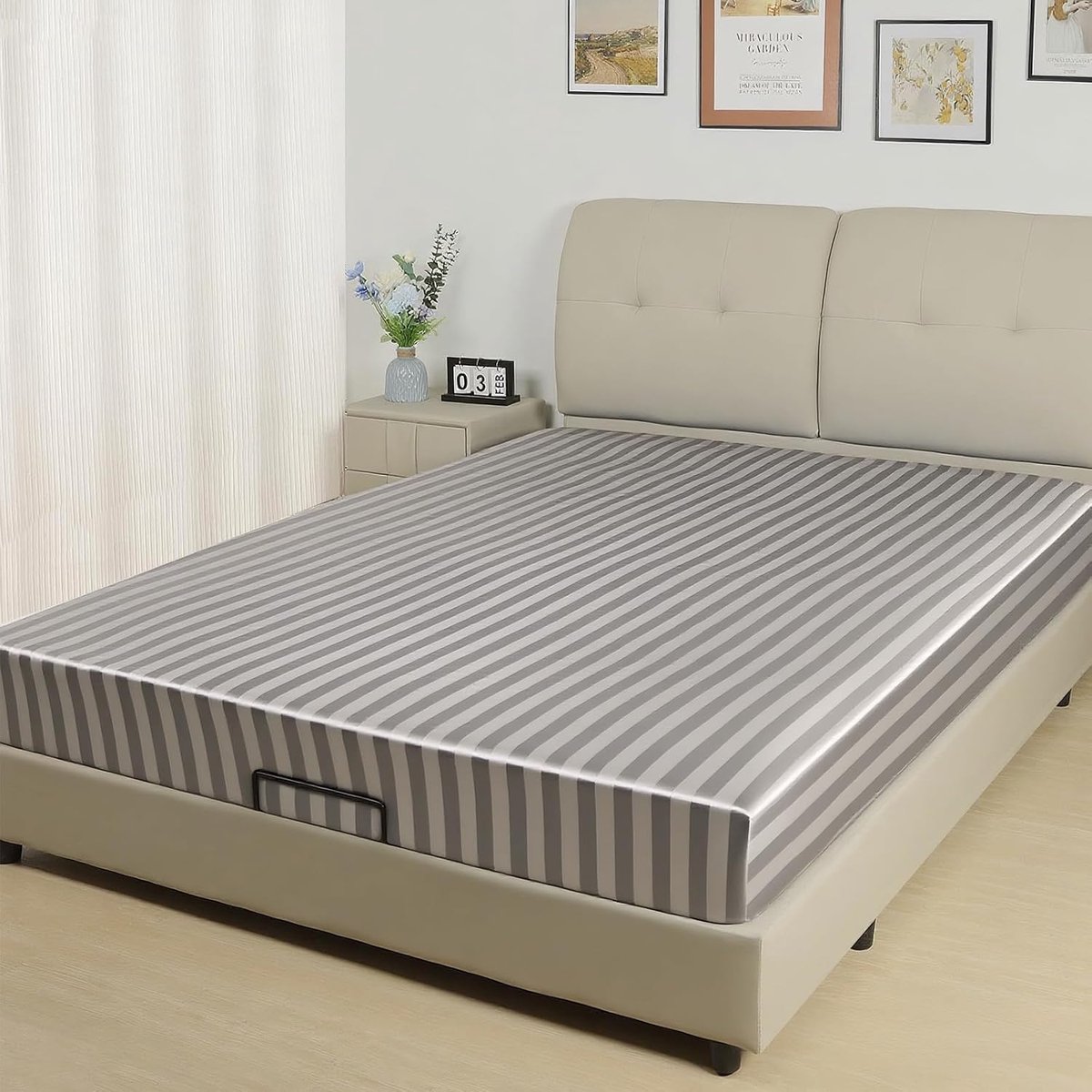 Satin Hoeslaken, Zijdezacht Polyester Satijn Weefsel, 36 cm Diepe Zakken met Elastieke Hoekbanden, 100 x 190 x 36 cm, Lichtgrijs Strepen