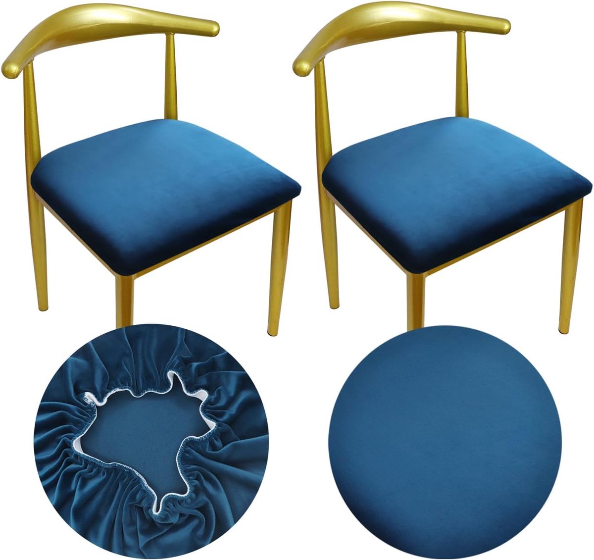 Stoelhoes Voor Stoelen Rond Luxe Stof, Diameter 36-50cm, Elastisch Ronde Rekbare Rimpel Gratis Wasbaar Stofdicht (2, Pauw Blauw)
