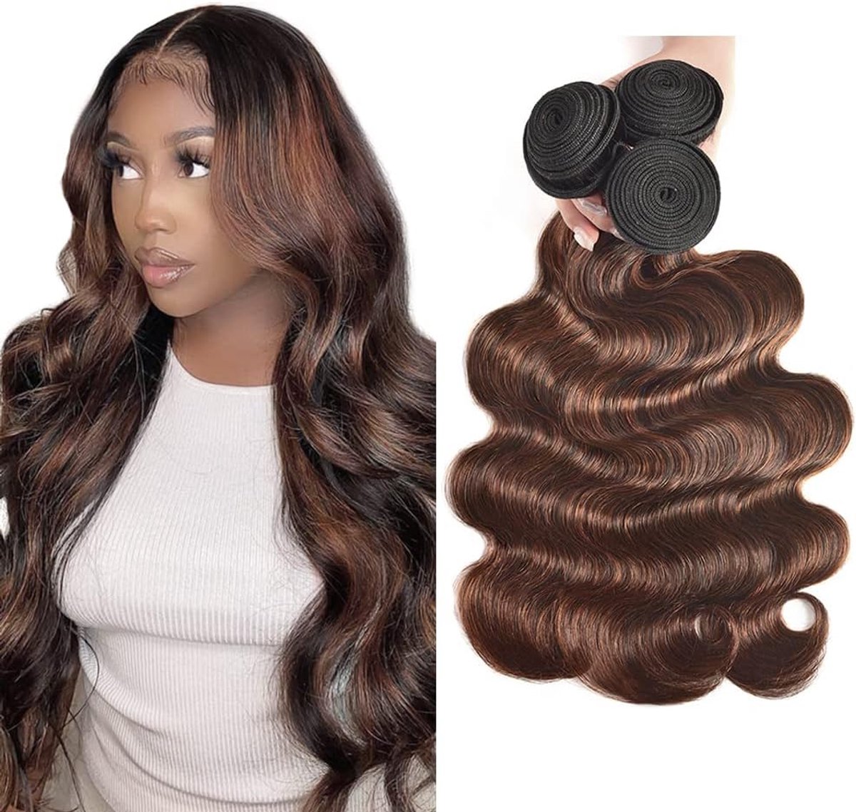 Human Hair Extension Body Wave menselijk haar Bundles Unprocessed Brazilian Virgin Hair P4/30 Highlight Brown Minimal detachment For Women 3 Bundles Total 150g 12 14 16 Inch