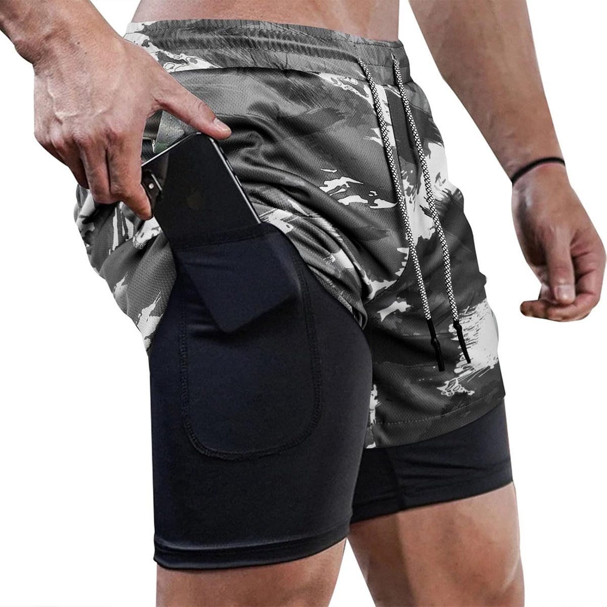 Shorts voor heren, 2-in-1, korte hardloopbroek, sportbroek, met geïntegreerde zakken, voor fitness, training.