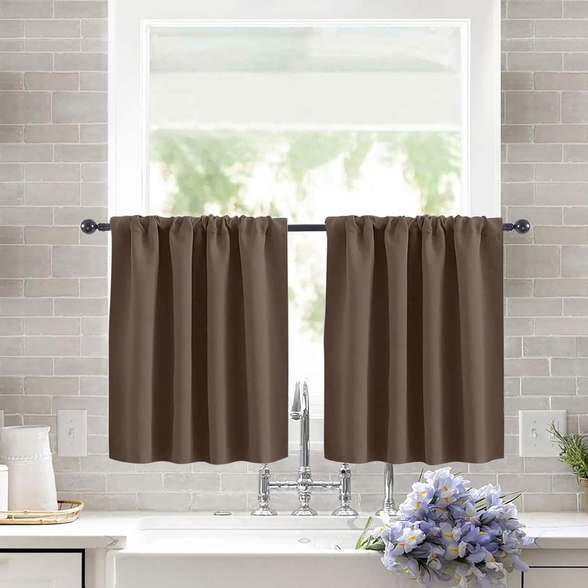 Grijze gordijnen, gelaagde gordijnen, cafégordijnen, korte raamgordijnen, waterafstotend voor woonkamer/keuken/café, 90 cm B x 45 cm L, bruin, set van 2
