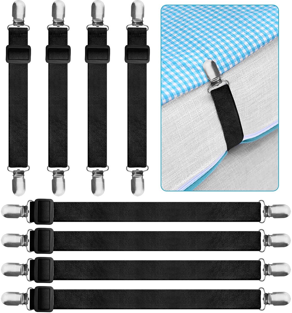 SolidKeus - Verstelbare Bedlinnen Tensioners 8 Stuks met Metalen Clips