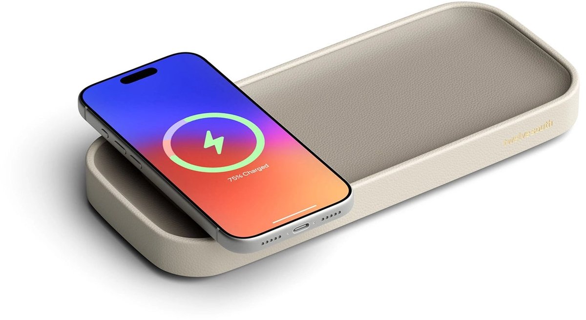 Twelve South Valet Sleutel Bakje met Draadloze Oplader – Biedt Qi2 Draadloos Opladen tot 15W – Premium Nappa Lederen Dienblad – Extra USB-C-Poort voor Bedraad Opladen - Beige