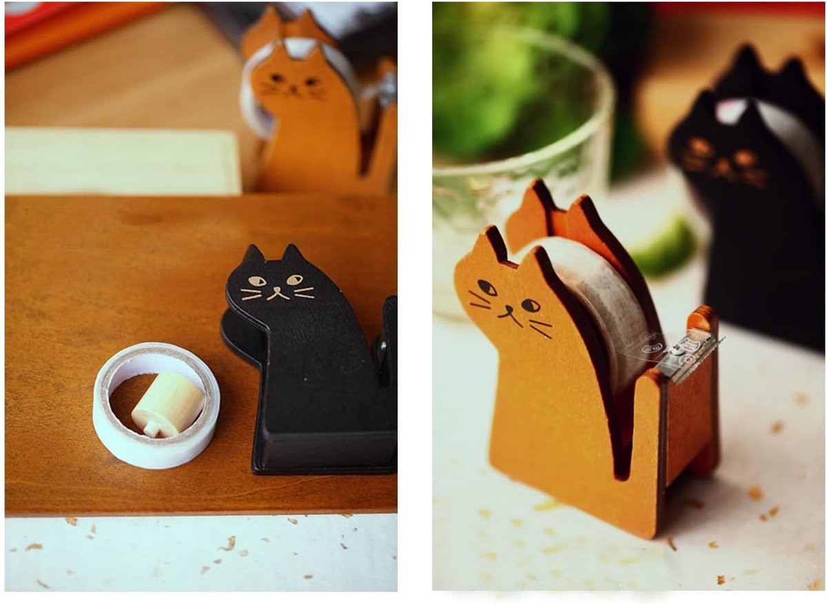 Tapedispenser - Zwart - 8,7 x 6 cm - Vintage Houten Kattenpatroon - Voor Thuis en Kantoor