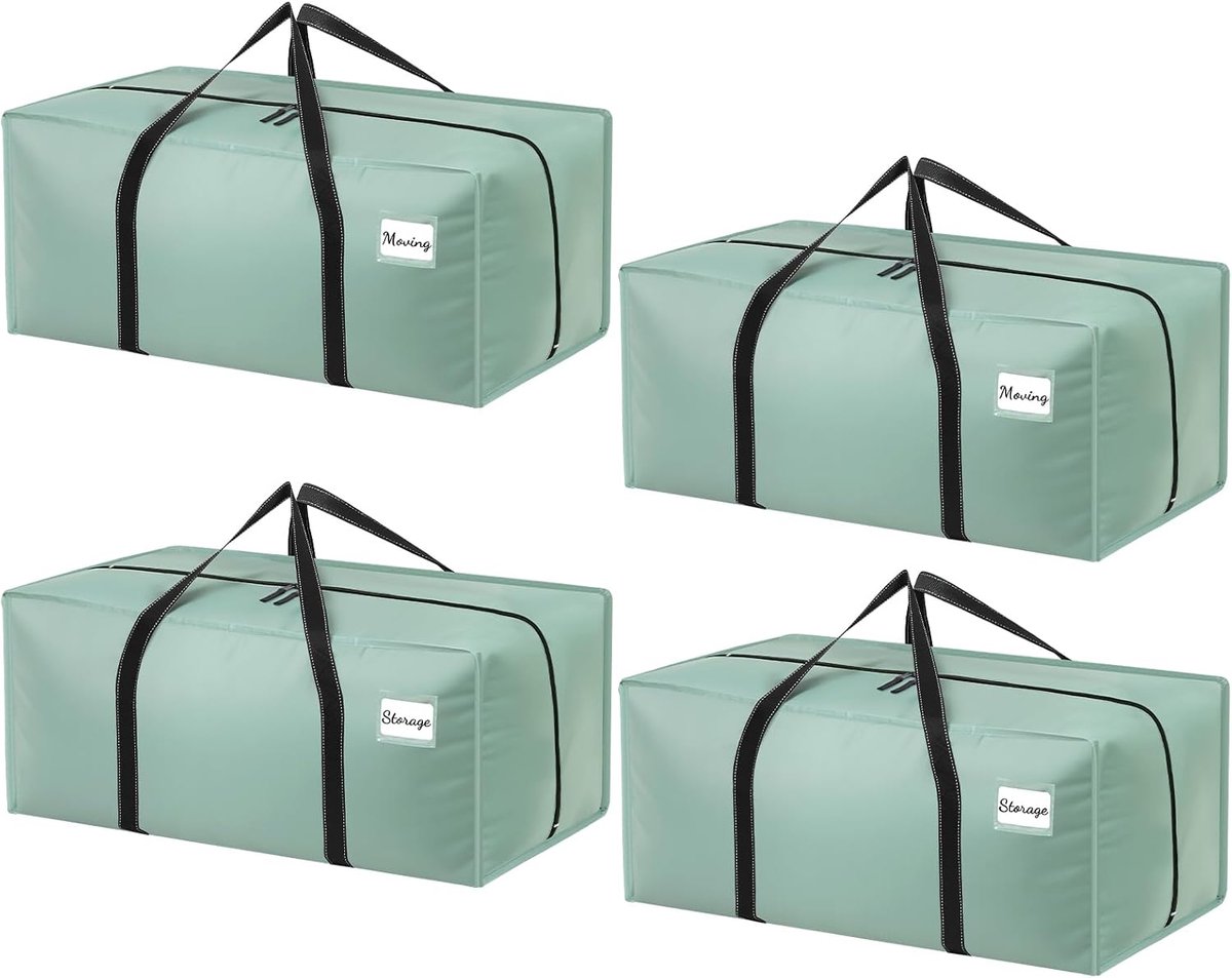 4 stuks 120 liter opbergtas - groot - verhuisdozen - lichtgroen - Waterdicht - 68 kg draagkracht - versterkte ritssluitingen en handgrepen - opvouwbaar - labeltas - L-vormige grote opening
