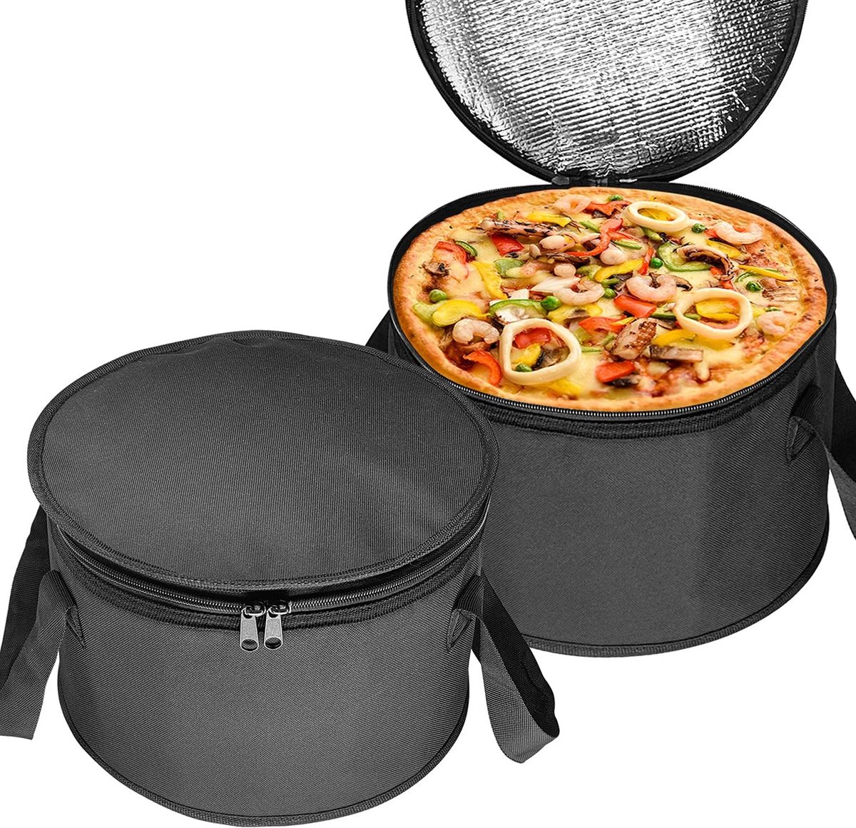 Set van 2 ronde lunchtassen, 31,5 x 20,8 cm, geïsoleerde lunchtassen en herbruikbare draagtassen voor het delen van taarten en stoofschotels (zwart)