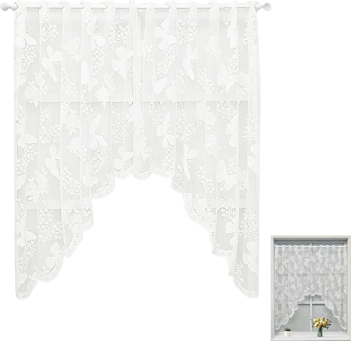 Gordijn, 160x100 cm, wit – elegante vlindermotieven, lichtdoorlatend & privacygevend. Ideaal voor keuken, badkamer of slaapkamer. Makkelijk te bevestigen met klemmen, wasbaar op 30°C.