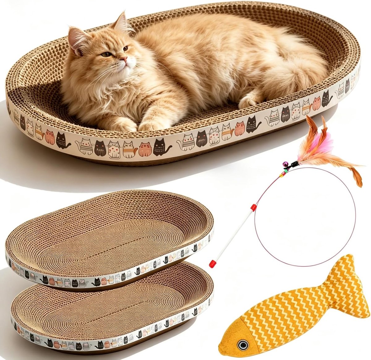 Set van 2 kattenkrabbedden, ovaal kraboppervlak van karton, krabplank met ligvlak, loungebankkussen of krabschaal voor huiskatten
