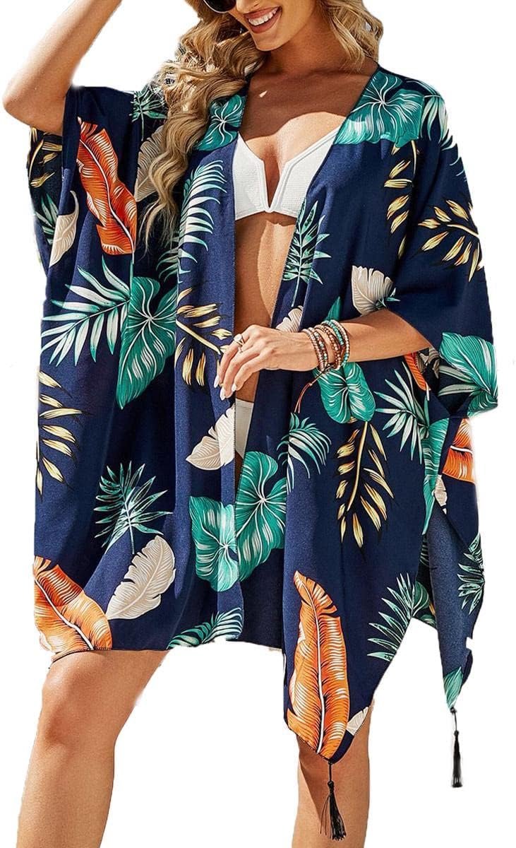 Cover-ups chiffon bloemenprint kimono losse sjaal cardigan boho zomer blouse casual top sexy strand badmode laag strandjurk voor vrouwen mouwen strand poncho, C., one size