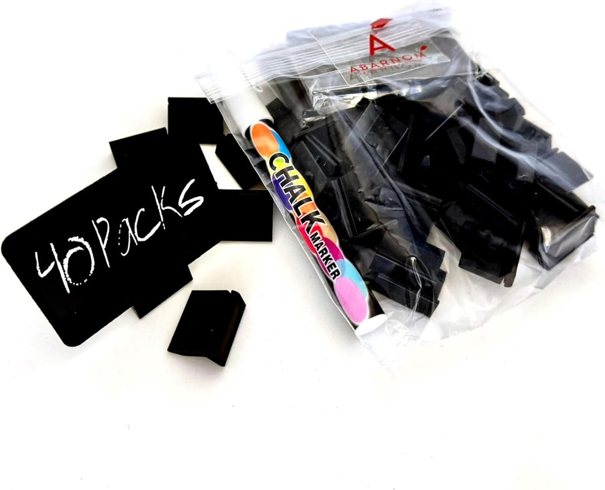Verpakking met 40 herbruikbare synthetische borden + 40 basissen à 25 mm + vloeibare krijtstift, prijshouder, kunststof borden, prijskaartjes, mini-borden voor prijskaartjes (zwart)
