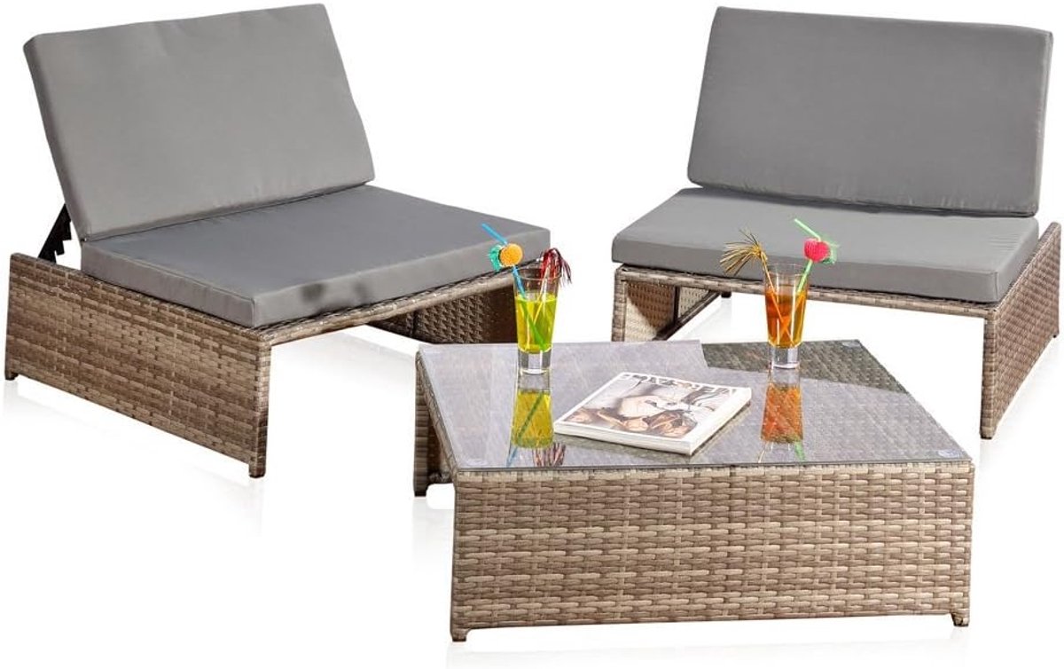 Veelzijdige tuinmeubelset, zonnebed, zitgarnituur met tafel van tuinset, robuust en weerbestendig, grijs