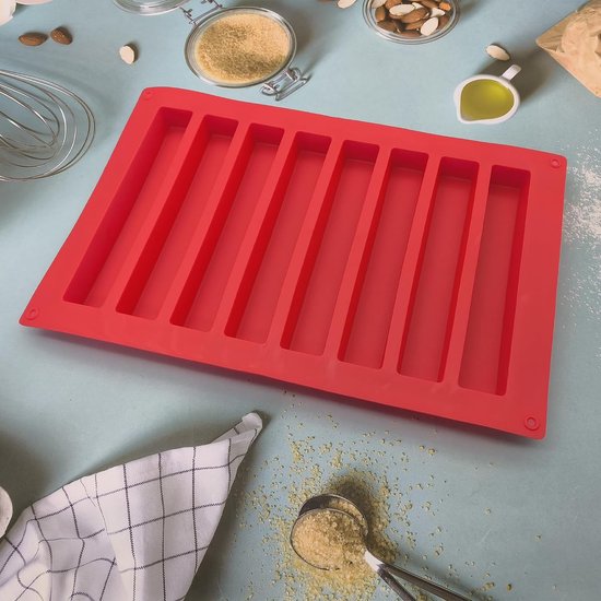 Siliconen vorm, groot, 13,7 cm, siliconen vorm, 8 vormen met antiaanbaklaag, rechthoekige mueslirevorm voor chocolade, energiereep, ijsblokjes, muffins, brownies, cake (rood, 8 — afbeelding 3