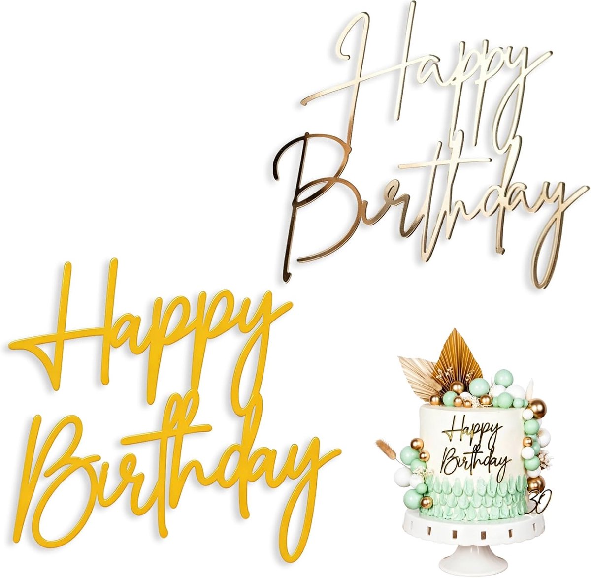 2 Gouden Happy Birthday Taarttoppers van Acryl, Verjaardag Taartdecoratie in 2 Stijlen, Herbruikbare Glanzende Cake Topper voor Verjaardag Jubileum Feest en Familieviering
