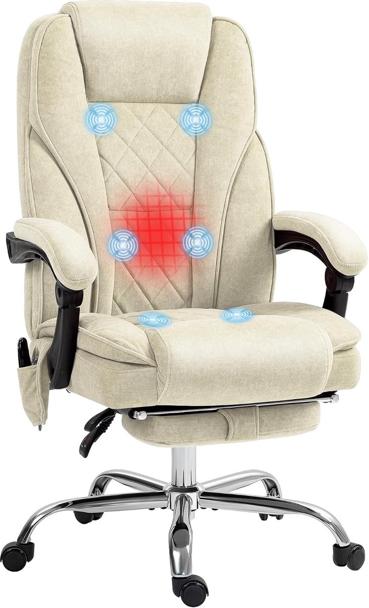Bureaustoel massage en verwarming bureaustoel ergonomische stoel met verstelbare hoogte rugleuning kantelbaar kabelafstandsbediening intrekbare en draaibare voetensteun 360° beige