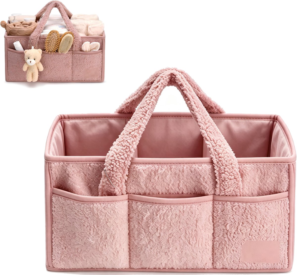 Luiermand - Babyopbergmand - Verzorgingsmand - Reismand - Zachte teddy stof comfortabele handvatten - Verstelbare binnenverdelers meerdere voorzakken - Teddy fleece - 38×25×18 cm - Geschikt voor babykamer kraamcadeau thuisopruiming - Roze