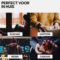 Collage van vier afbeeldingen: vrouw leest bij raam, handen op laptop, man op station, cadeau met strik.