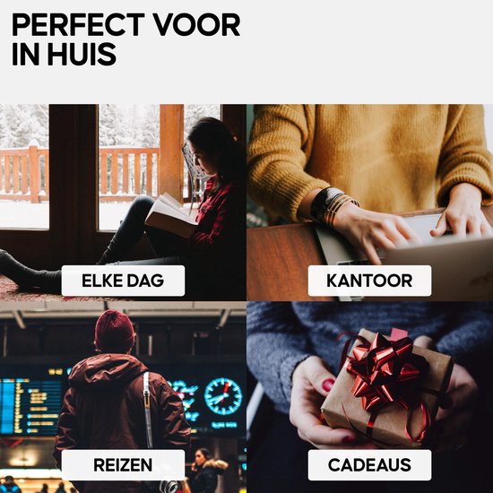 Collage van vier afbeeldingen: vrouw leest bij raam, handen op laptop, man op station, cadeau met strik.