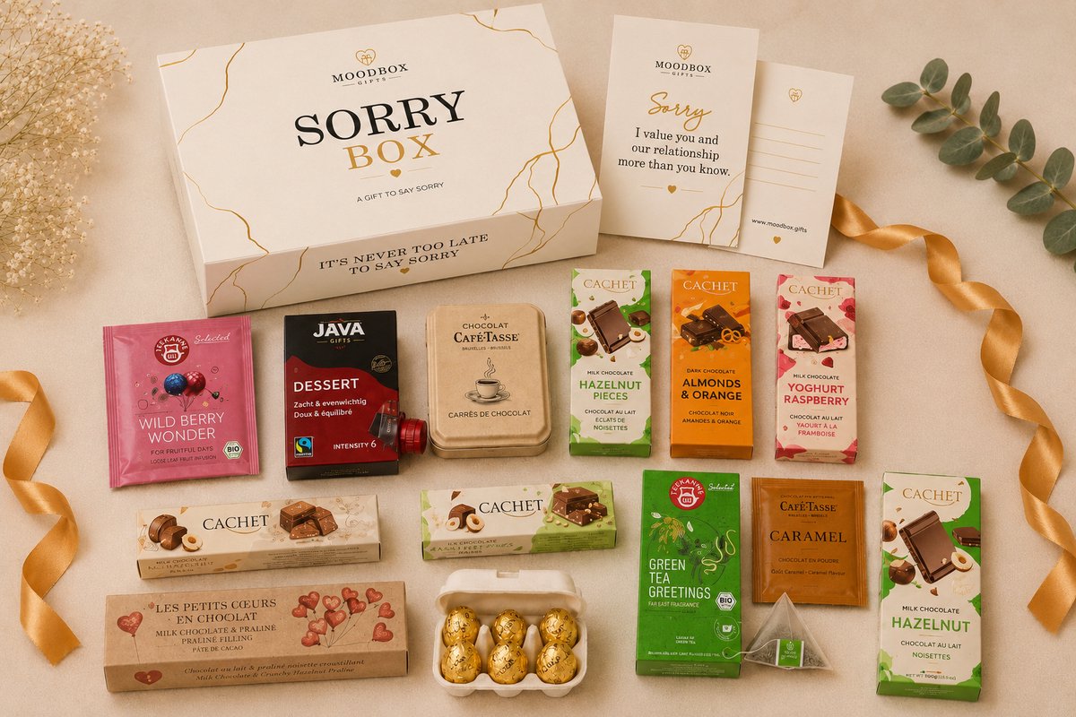 Luxe cadeaubox om sorry te zeggen – Belgische chocolade, koffie, thee & lekkernijen – Gepersonaliseerde wenskaart – Moodbox Gifts – Sorry Box Prestige