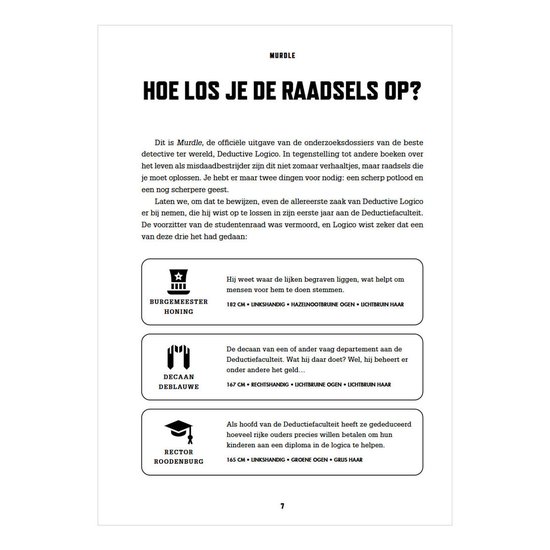 Murdle, l'édition officielle des dossiers d'enquête. Trois suspects avec leurs caractéristiques.