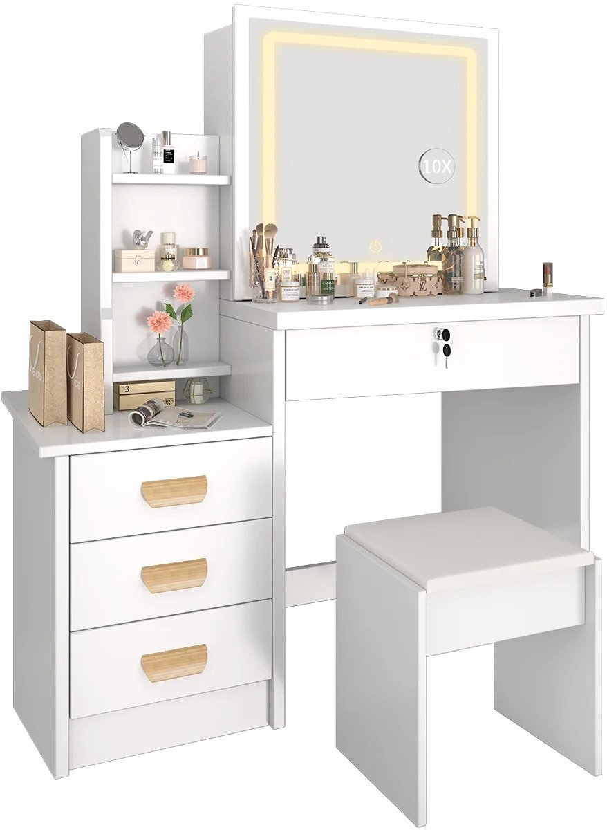 Gudalio Make Up Tafel - Kaptafel - LED spiegel - 3 Lichtkleuren - Inclusief Krukje - Verborgen Opbergruimte - 87x36x136 cm - Wit