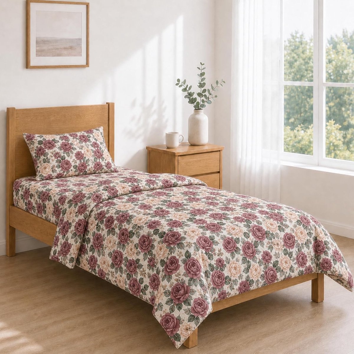 Lakenset - Floreale Rose - 120 x 200 cm - Geborstelde Microvezel - Voor een romantisch bed